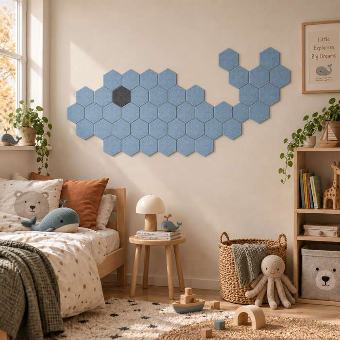 MOSA Hexagon 18 – Hvalmotiv – 44 paneler. KI-assistert romillustrasjon.