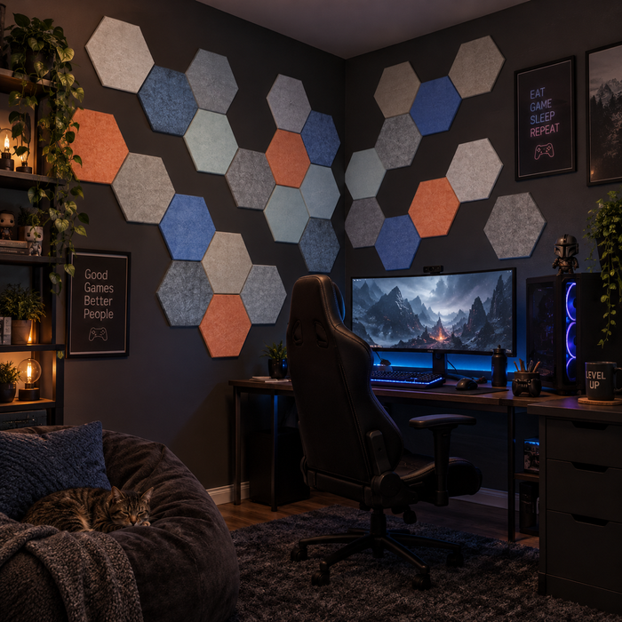 MOSA Hexagon 18 – Gaminghjørne – 28 paneler. KI-assistert romillustrasjon.