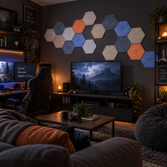 MOSA Hexagon 18 – Gamingrom – 17 paneler. KI-assistert romillustrasjon.