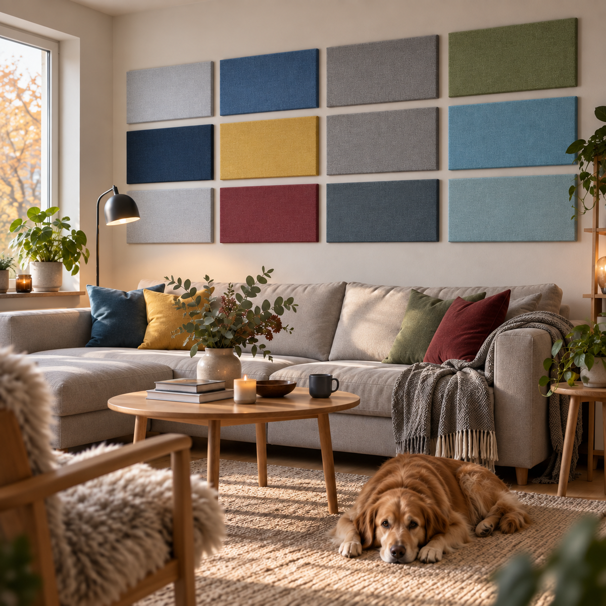 LUN Linje – Stue – fargesprakende vegg. KI-assistert illustrasjonsfoto av panelmotiv.