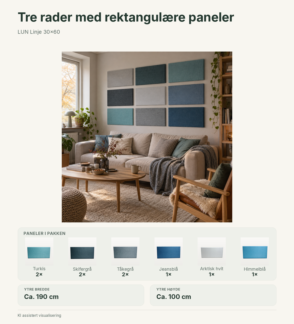 LUN Linje – Stue i dempede farger: infografikk med 9 paneler, fast fargeinnhold og omtrentlige mål.